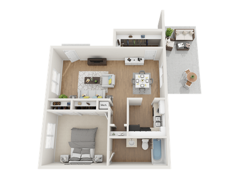 A 3D floor plan of a small apartment with a kitchen, living room, and bathroom.